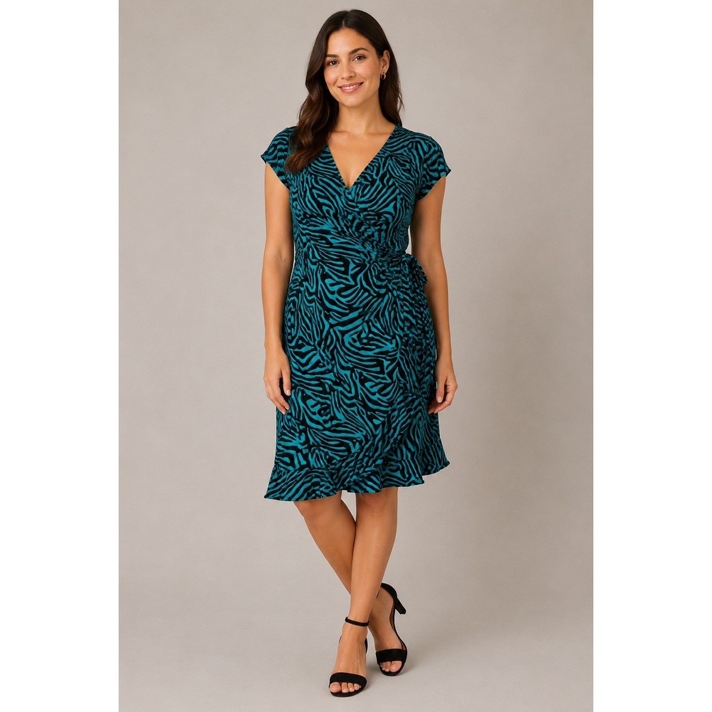 Nicole Miller Teal Zebra Print Wrap Dress Animal Print Short Sleeve Cocktail